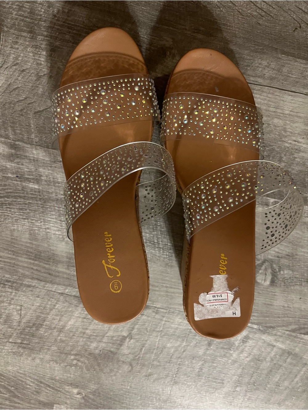 Brown Slide Wedges with Clear Crystal Straps